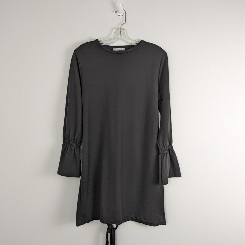 Women's Casual Black Drawstring Dress with Cinched Sleeves Size S